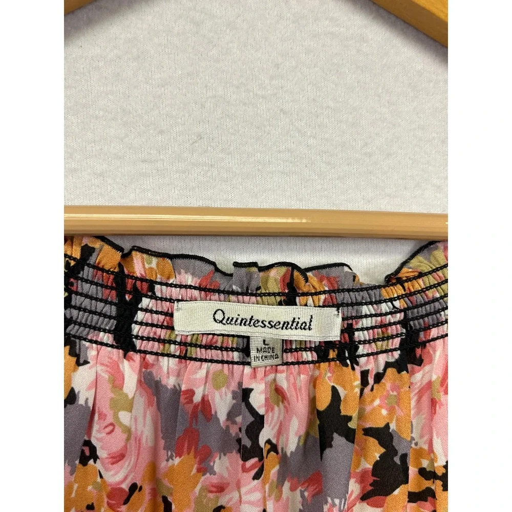 Cottagecore Boho Quintessential Womens Large Pink Orange Floral Peasant Blouse